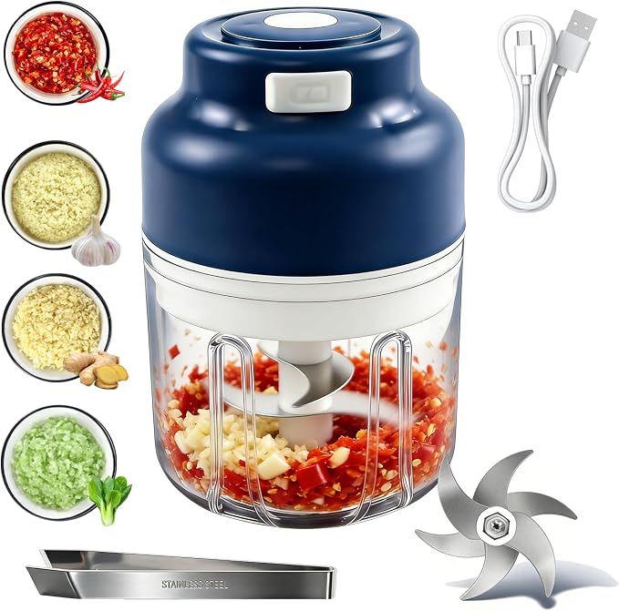 Electric Garlic Chopper, Upgrade 6 Blades, 320ML Wireless Food Processor, Mini Grinder for Kitchen,Mashing Nuts Chili Onion Minced Meat and Spices USB Rechargeable
