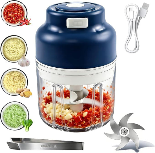 Electric Garlic Chopper, Upgrade 6 Blades, 320ML Wireless Food Processor, Mini Grinder for Kitchen,Mashing Nuts Chili Onion Minced Meat and Spices USB Rechargeable