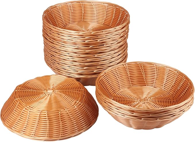 GNIEMCKIN 12 Pack Round Poly Wicker Basket, Diameter 9.5 In, Brown, Plastic, Polypropylene