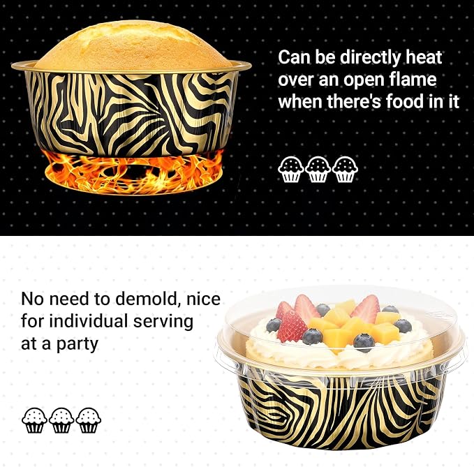 Beasea Disposable Ramekins 8oz, 50 Pack 235ml Aluminum Foil Cups with Lids, Disposable Creme Brulee Muffin Cupcake Mini Cheesecake Baking Cups for Party - Tiger Stripes
