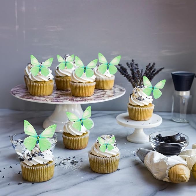 Gyufise 72Pcs Edible Butterfly Cupcake Toppers & Decorations for Butterfly Theme Baby Shower & Kids Birthday Party Cake Supplies - Green