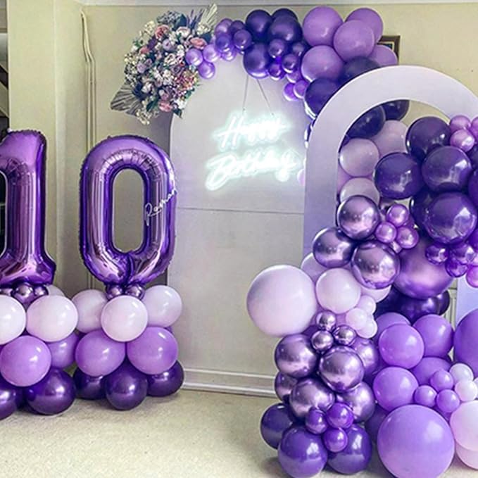 NISOCY 124Pcs Purple Balloons Garland Arch Kit, 18In 12In 10In 5In Different Size Macaron Matte Dark Purple Metallic Purple Balloons for Women Birthday Wedding Baby Shower Halloween Themed Party
