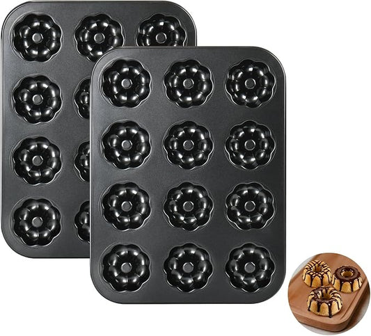 2 Pack Mini Bundt Cake Pans for Baking, 12-Cavity Nonstick Mini Bundtlette Baking Mold, Heavy-Duty Carbon Steel, Oven-Safe to 450℉ Versatile Fluted Bake Pan for Muffins, Brownies, Cupcakes, Mini Cakes