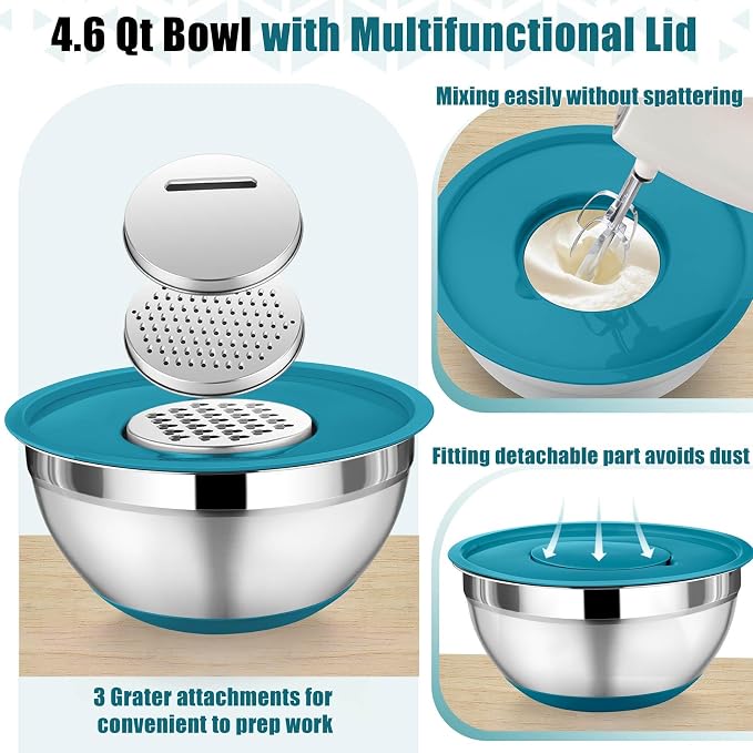 P&P CHEF Mixing Bowl with Lid Set, 5 Piece Stainless Steel Mixing Nesting Bowls for Salad Storage, 3 Grater Attachments & Non-Slip Bottoms, Size 1/1.5/2 / 2.6/4.6 QT, Blue