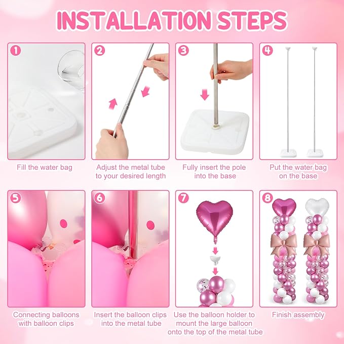 Skylety 2 Sets Pink and White Balloon Column Stand Kit Adjustable Pink White Balloon Stand with Bases for Birthday Wedding Anniversary Graduation Party Baby Shower Decorations Supplies