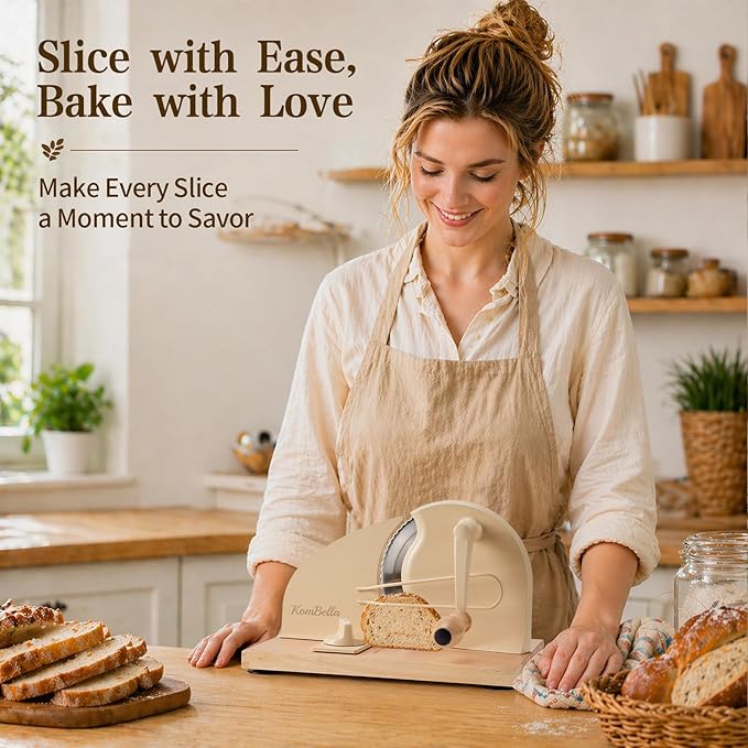 Sourdough Bread Slicer for Homemade Bread, Manual Hand Crank Bread Cutter with Adjustable Thickness for Even Slices, Slicing Guide & Protective Blade Shield, Wood Base with Suction Cups(Beige)