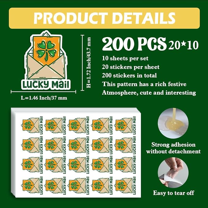 200 PCS St. Patrick's Day Packaging Stickers,Lucky Mail Sticker for Small Business Envelopes Shipping Boxes Gift Packaging