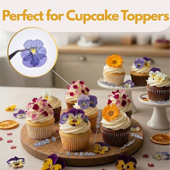 70 Pcs Edible Flowers for Cocktails & Cake Decorating – Real Dried Edible Flowers Cupcake Toppers, Food Grade Edible Pressed Flowers for Drinks, Garnish & Crafts (Pansies, Rose, Calendula, Lavender)
