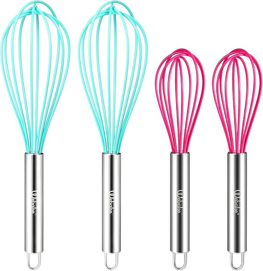 Webake 8 Inch and 10 Inch Silicone Whisk Set of 4, Egg Beater Whisk Balloon Egg Sauce Whisk with 6 Wires, French Whisk Stainless Steel Mini Silicone Whisk for Nonstick Cookware,Solid Color