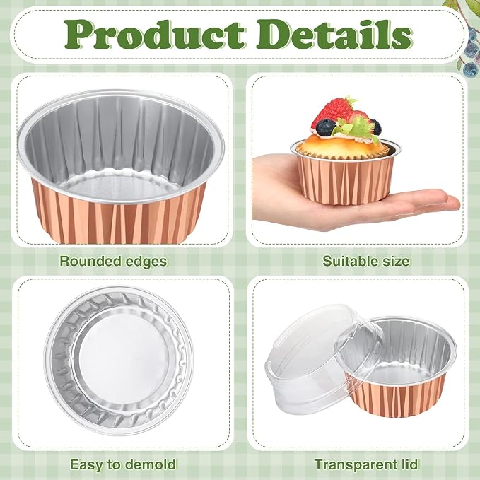 200 Pack Aluminum Foil Cupcake Liners with Lids, 5 oz Round Baking Cup, Disposable Ramekin Container for Graduation Wedding Independence Day Party(Rose Gold,Plain)