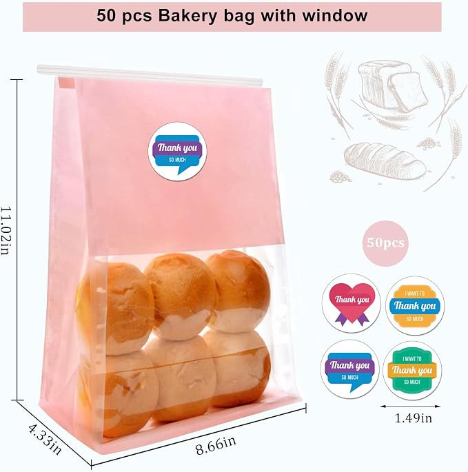 50 PCS Bakery Bags with Window - Reusable Cookie Bags With Seal Stand Upright Cookie Packaging Bag With Tin Tie Tab Lock Kraft Paper Bread Bags For Sourdough Pastry,Donuts,Popcorns, Snack (Pink Large)
