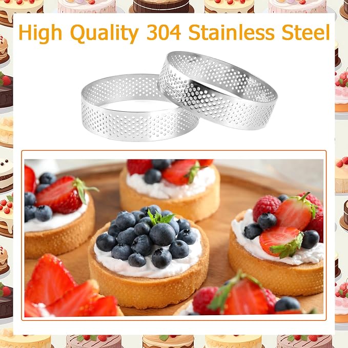 Frcctre 9 Pack 3.15 Inch Perforated Tart Rings, 304 Stainless Steel Nonstick Round Tart Rings Mousse Cake Ring Metal Crumpet Ring Pastry Mold Circle Tartlet