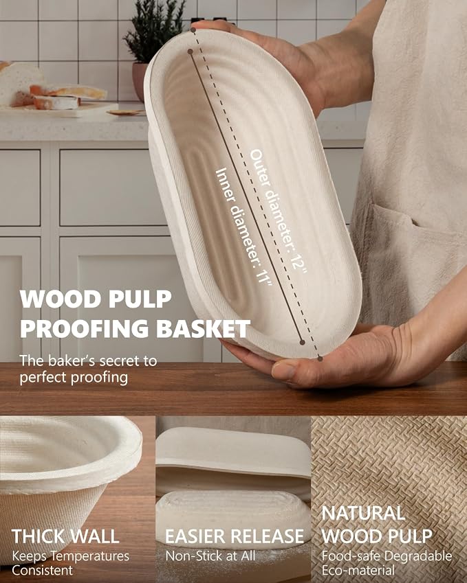 Wood Pulp Banneton Bread Proofing Baskets Set of 2, 11 Inch Oval 1.65LB Sourdough Banneton Basket with Liner, Non-Stick Dough Proofing Bowl for Rising and Baking