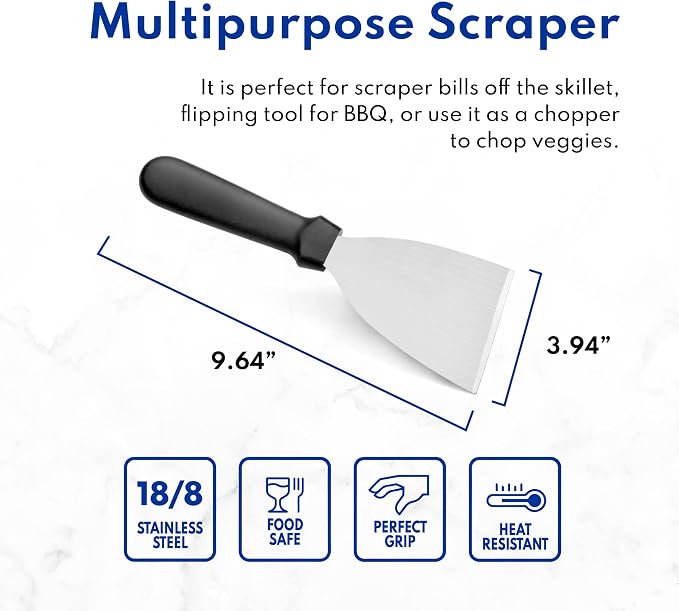 New Star Foodservice Stainless Steel Slant Edge Grill Scraper with Black Plastic Handle, 4 x 8.5 Inch Restaurant Grade Griddle Scraper, Flat Top Scraper, Grill Cleaning Tool