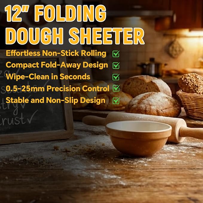 12" Folding Dough Sheeter Manual Dough Roller with Thickness Adjustment (0.1-25mm) Stainless Steel Counter Top Dough Sheeter for Pizza Croissants Pastry and Crust Home & Commercial Use