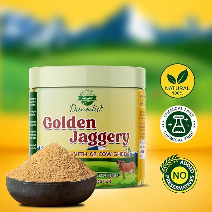 Danodia Foods Organic Golden Jaggery with A2 Cow Ghee, Cane Gur, 400g US | Ghee-infused cane gur sweetener for chai, coffee, baking, desserts and Indian recipes; no preservatives used; chai sweetener