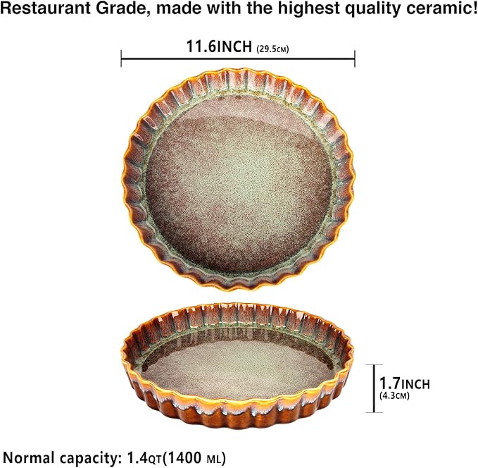 11.6 Inch Large Quiche Tart Pans Pan, 1.4 Qt Ceramic Au gratin pans, Fluted Ruffled Edge for Quiche Baking Dish/Pie Pan - Microwave Freezer Dishwasher Oven safe - Great Gift for Bakers