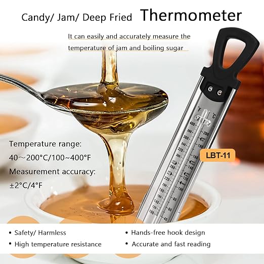 Candy Thermometer with Pot Clip, Instant Read Deep Fry Oil Thermometer, Kitchen Food Cooking Thermometer for Candy, Jam, Syrup, Jelly, and Deep Fry, Stainless Steel Candy Thermometer for Candy Making