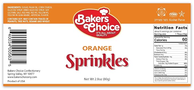 Bakers Choice Orange Sprinkles for Baking - Jimmies Sprinkles for Ice Cream Toppings - Dairy Free, Kosher 2.8 oz.