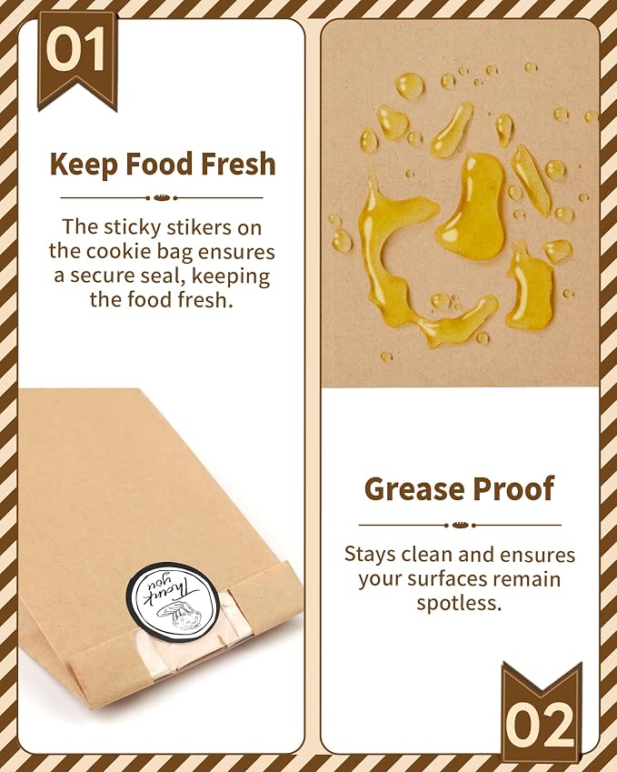 Bake Choice 50 PCS Small Cookie Bags with Seal, 3.5"x 2.3"x7.5" Kraft Brown Paper Bags with Stickers, Bakery Bag for Snack, Cupcake, Coffee Bean, Party Favor, Cookie Packaging