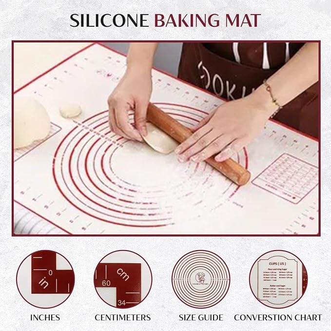 Silicone Baking Mat Large (15.7'x23.6') with Measurement Indicators, Non-Slip, Pastry Mat Sheet for Dough Pie Crust Rolling Mats for Making Cookies, Macarons, Bread, Baking Supplies - Pack of 2