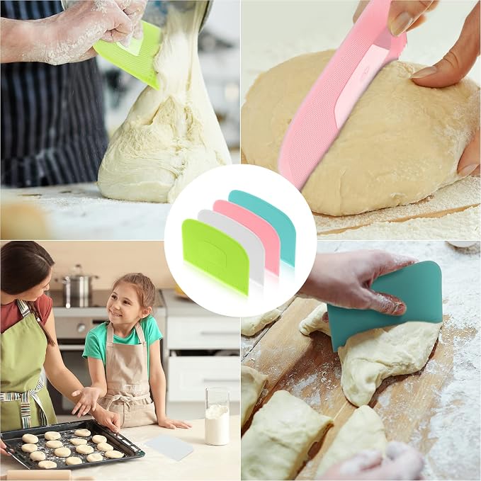 4 Piece Plastic Dough Scraper Bowl Scraper Flexible Multipurpose Food Scraper Plastic Dough Cutter for Bread Cake Dough Fondant Icing (White, Green, Blue, Pink)