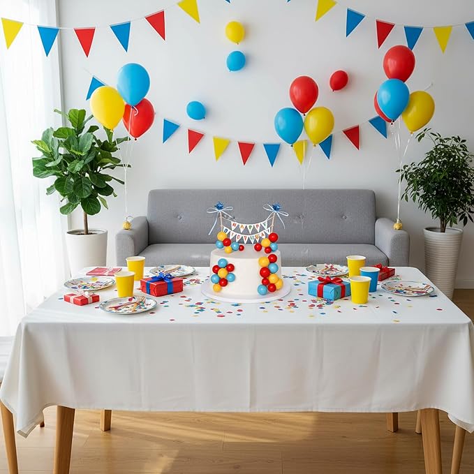 16 Pcs Happy Birthday Cake Topper Cake Bunting Topper Banner with Wood Pole Rainbow Garland with Bow Ribbon Balloon, Mini Cupcake Decor for Birthday Baby Shower (Lake Blue,Yellow,Red)