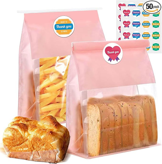 50 PCS Bakery Bags with Window - Reusable Cookie Bags With Seal Stand Upright Cookie Packaging Bag With Tin Tie Tab Lock Kraft Paper Bread Bags For Sourdough Pastry,Donuts,Popcorns, Snack (Pink Large)