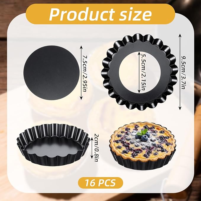 16 Pcs Mini Tart Pans with Removable Bottom, 4 Inch Nonstick Carbon Steel Round Quiche Pie Pans, Reusable Bakeware Mold for Desserts Tarts Pies and Cupcakes, Black