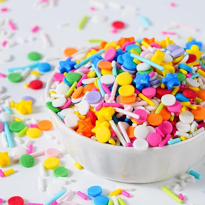 Rainbow Sprinkles 7 oz Rainbow Stars Jimmies Confetti Round Sprinkles for Birthday Cake Decorating Baking, Ice Cream Toppings, Cupcakes, Cookies, Donuts, Easter Party