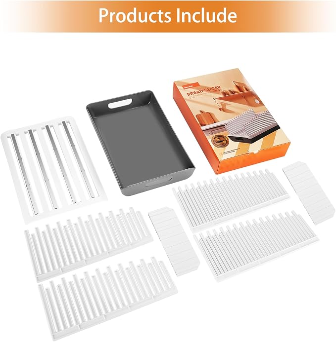 YONGAIJIA Bread Slicer Guide for Homemade Bread with 304 Stainless Steel Sheet and Storage Tray、3-Slice Thickness，Adjustable Width for Cake、Bagels、Toast.