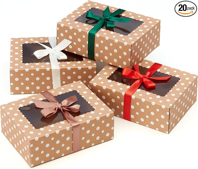 Brown Kraft Cookie Boxes with Ribbons & Window (20 Pack) 8.3 x 6 x 2.8” Food Grade Cardboard Bakery Gift Boxes for Christmas Gift Giving, Baked Goods, Candy Treats, Decorative Holiday Packaging, Empty