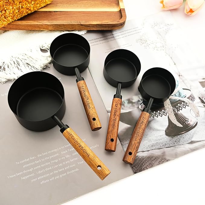 Measuring Cups and Spoons Set of 8, Matte Black Stainless Steel Nesting Kitchen Measuring Set, Wood Handle Dry and Liquid Measuring Cups, For Cooking and Baking
