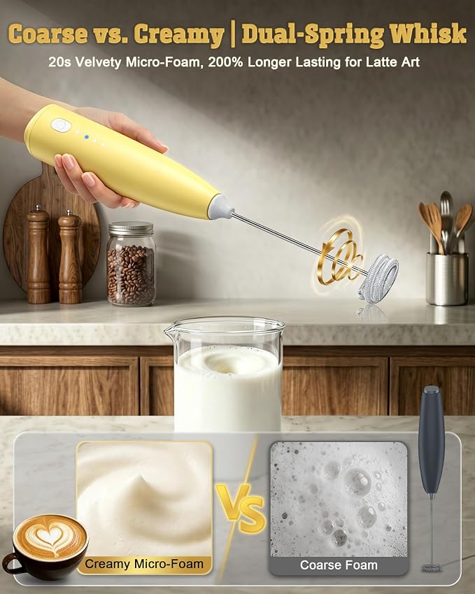 Milk Frother Handheld,Portable Electric Drink Mixer/Wand,Egg Whisk (Yellow) | USB C Rechargeable | 3 Adjustable Speeds | 3 Detachable Whisks | Quiet Operation | For Coffee, Latte, Matcha,protein powder