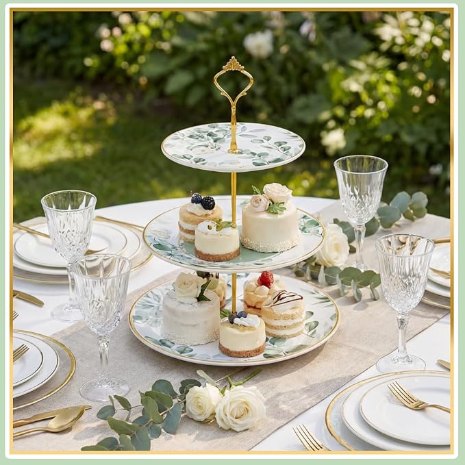 Lallisa 3 Tier Greenery Dessert Stand 10", 9" and 7" Ceramic Sage Green Eucalyptus Tiered Serving Tray with Gold Rack, Round Cupcake Display Tower for Wedding Baby Bridal Shower Tea Party Decoration