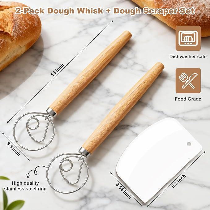 2 Pack 13-Inch Danish Dough Whisk with Dough Scraper, Premium Stainless Steel Bread Whisk Mixer with Ergonomic Wooden Grip, Ideal for Sourdough, Pizza Dough & Pastry Making