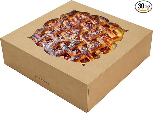 NPLUX 30 Pack Pie Boxes with Window 10x10x3 in Bakery Boxes Perfect for Pies, Cheesecake, Cookies, Muffins and Chocolate Covered Strawberries, Graduation Gifts Party Favors(Brown)