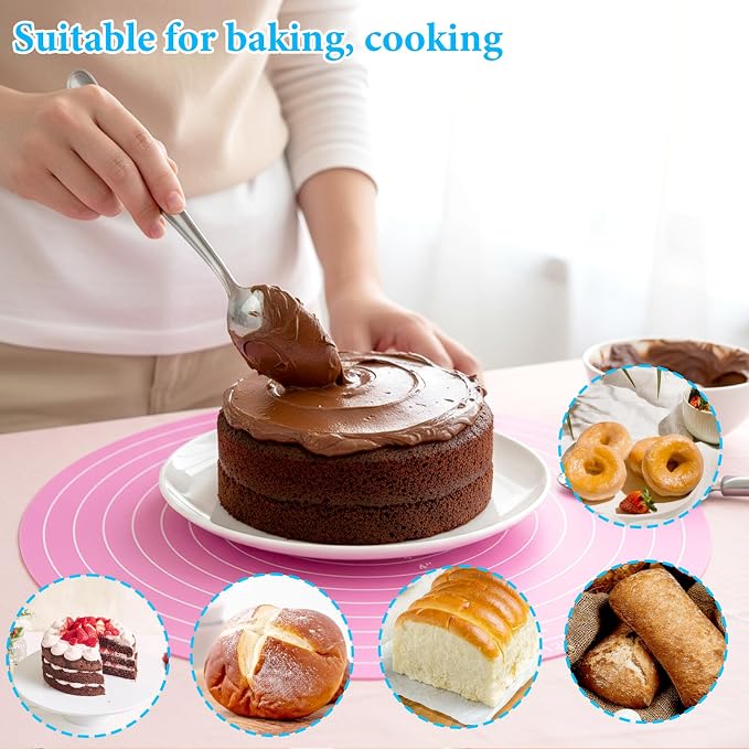Qianyu 3Pcs Round Cake Turntable Mat Silicone Baking Mat with Measurements Reusable Silicone Baking Mats Non Stick Heat Resistant Pastry Bake Sheet for Pizza Pan Rolling Dough Pastry