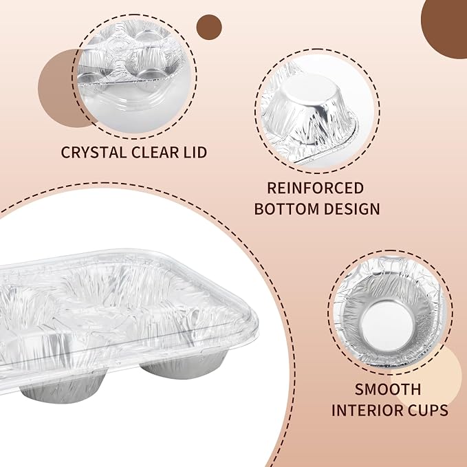 Disposable Muffin Pans with Lids, 20 Pack Aluminum Muffin Pans with Clear Lids, 6-Cup Size Throw Away Tin Foil Pan, Strong and Flat Base for Even Baking, Ideal for Parties and Holidays