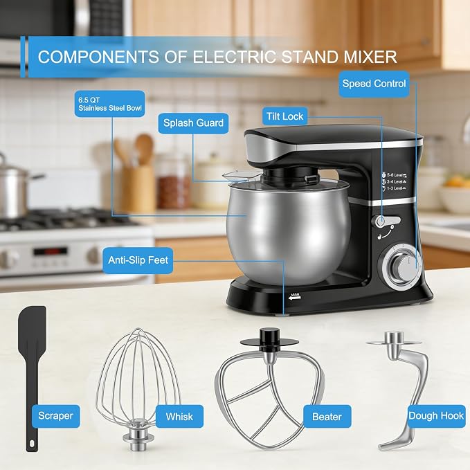 Electric Stand Mixer, Kitchen Mixer 6.5-Quart Tilt-Head, 6 Speeds with Dough Hook, Whisk, Beater, and Splash Guard, Stainless Steel Bowl for Baking