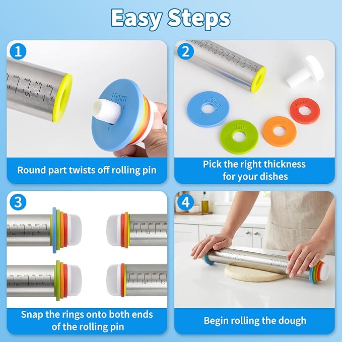 Cake Pop Roller, Adjustable Rolling Pin with Thickness Rings, Stainless Steel Design Ensures Smooth Rolling and Is Easy to Clean, Perfect for Evenly Rolling Dough for Pizza, Pie, Pastries, Pasta