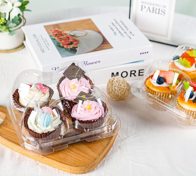 NPLUX 4 Compartment Cupcake Containers 60 Pack Cupcake Holder with Connected Airtight Lid Cupcake Boxes for 240 Cupcakes Muffins, BPA Free, Standard Size