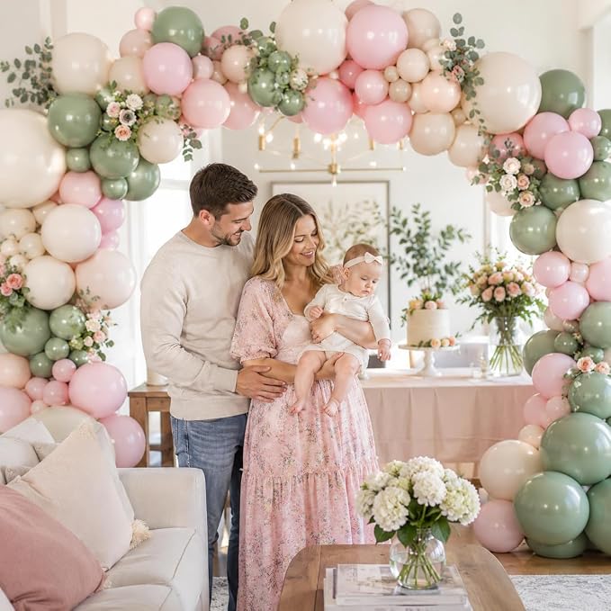 Dusty Pink and Green Balloon Arch Kit, 122Pcs Sage Green Macaron Dusty Pink Ivory White Matte Balloons for Girls Flower Birthday Bridal Wedding Engagement Floral Baby Shower Party Decorations