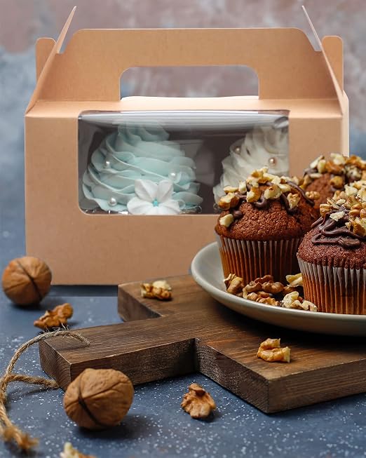 qiqee 100 Packs Cupcake Box Two Holder 6.5x3.6x3.5inch(2.2" Top) Kraft 2 Cupcake Boxes With Window（100 Boxes+100 Inserts）