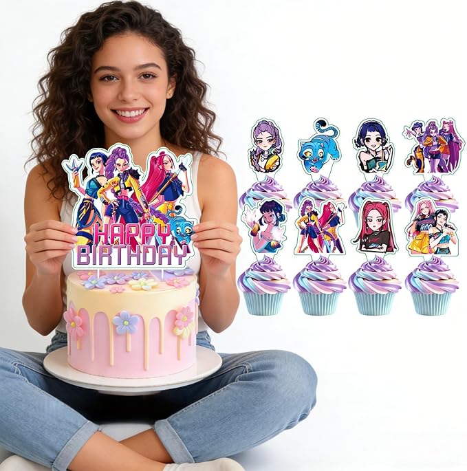 25 Pcs Demon Movie Hunters Cake Decorations, Include 1 Happy Birthday Cake Toppers, 24 cupcake Topper for Demon Movie Hunters Birthday Decorations