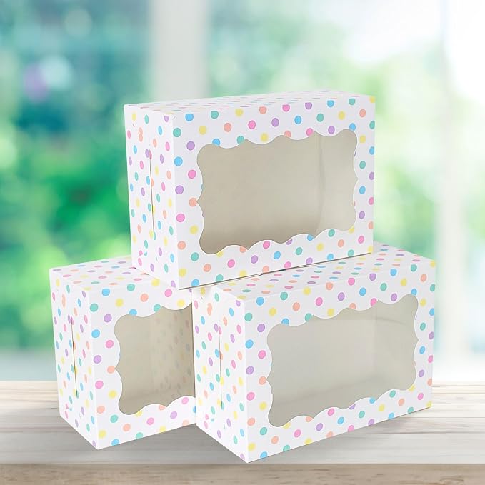 Perfect Occasion Polka Dot Cookie Boxes - 12 Pack - Pastel Polka Dot Cookie Boxes with Window - for Easter, Birthdays, Cupcakes, Pastries - Large Size Easily Fits a Dozen Cookies - 12 pcs
