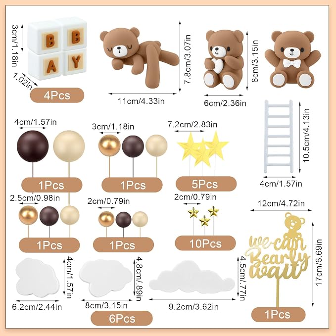 Yinder Bear Cake Toppers Mini Bear Cake Decorations Cake Toppers Gold White Pearl Ball for Birthday Party Decorations(Dark Brown,Cute Style)