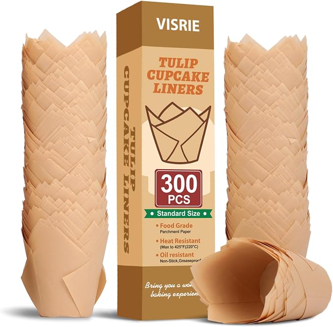 VISRIE 300 Pcs Natural Tulip Cupcake Liners, Unbleached Parchment Paper Baking Cups, Greaseproof & Non-Stick Standard Muffin Liners, Cup Cake Wrappers for Party, Baby Shower & Christmas