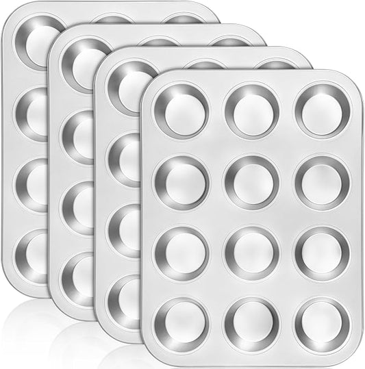 Domensi 4 Pcs Muffin Pan 12 Cup Carbon Steel Cupcake Baking Pan Nonstick Tin Tray for Standard Muffins, Brownie, Tart, Quiche, Heavy Duty Bakeware Set, Oven & Dishwasher Safe
