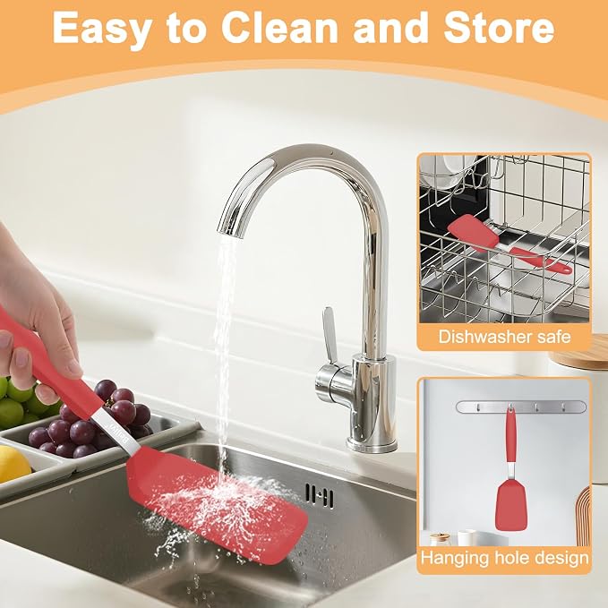 Beijiyi Silicone Spatula Turner, 600°F Heat Resistant, 13 x 3.2 in (Red) | BPA Free, Non-Toxic, Flexible Turner, Non Scratch for Non Stick Frying Pan, Flipping, Cooking, Dishwasher Safe